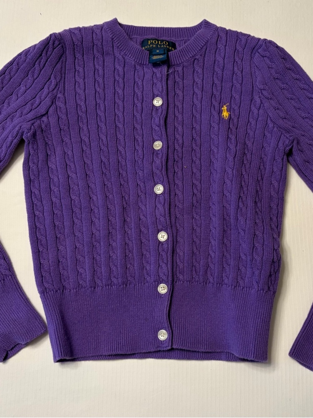 Ralph Lauren Purple Cable-Knit Cardigan with Yellow Pony
